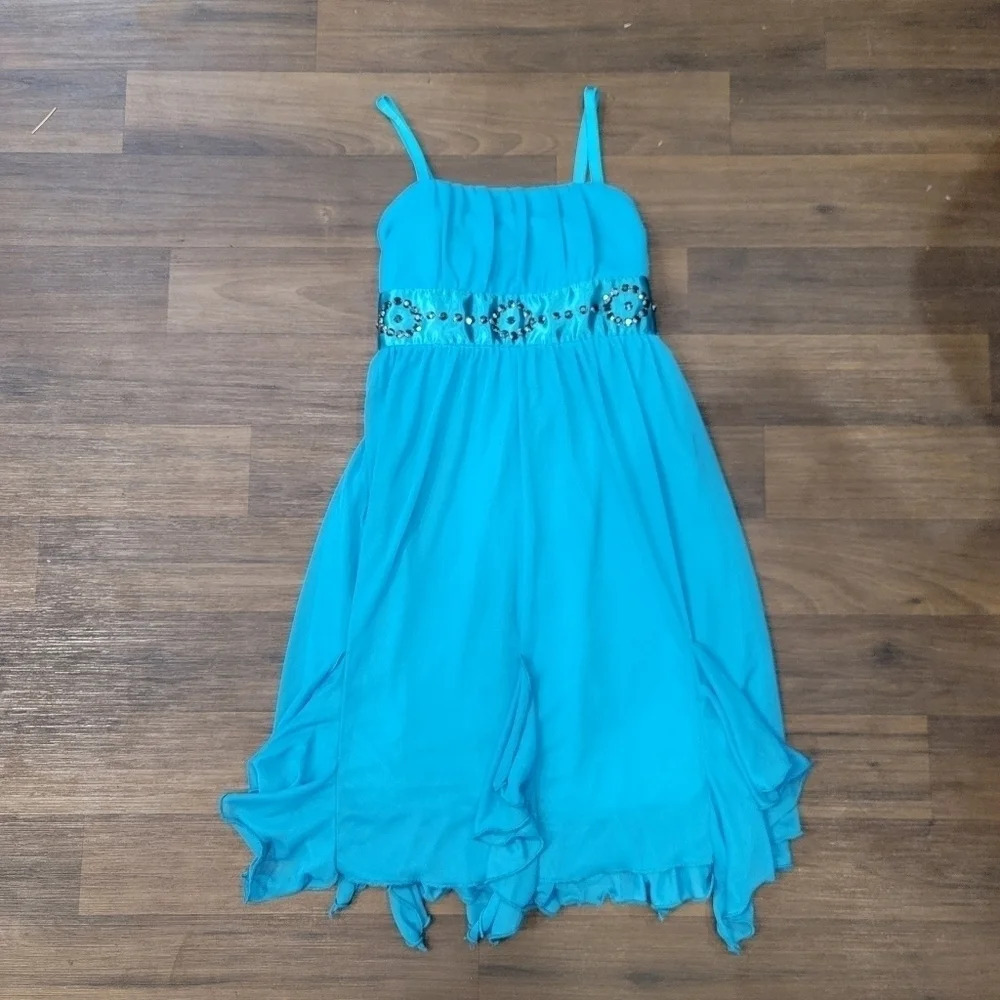 AMY Byer Girls Sz 14 Dress Teal Blue Turquoise Ruffles Sleeveless Beaded Belt